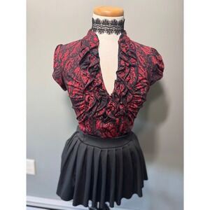 Y2kRed Black Lace Ruffle Trim‎ Top Blouse Mock Neck Short Sleeve Womens